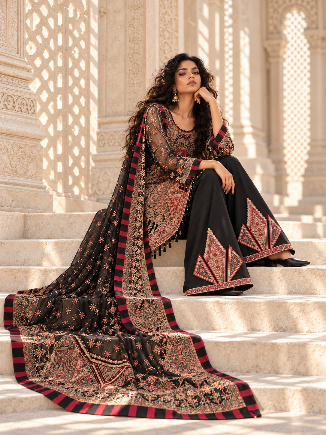 Black Onyx seated, showing the embroidered daman and trouser