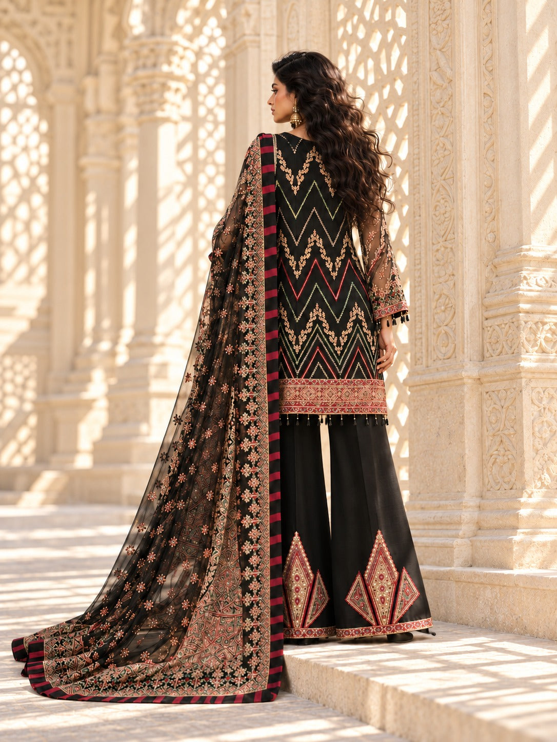 Black Onyx back view with chevron embroidery and dupatta fall