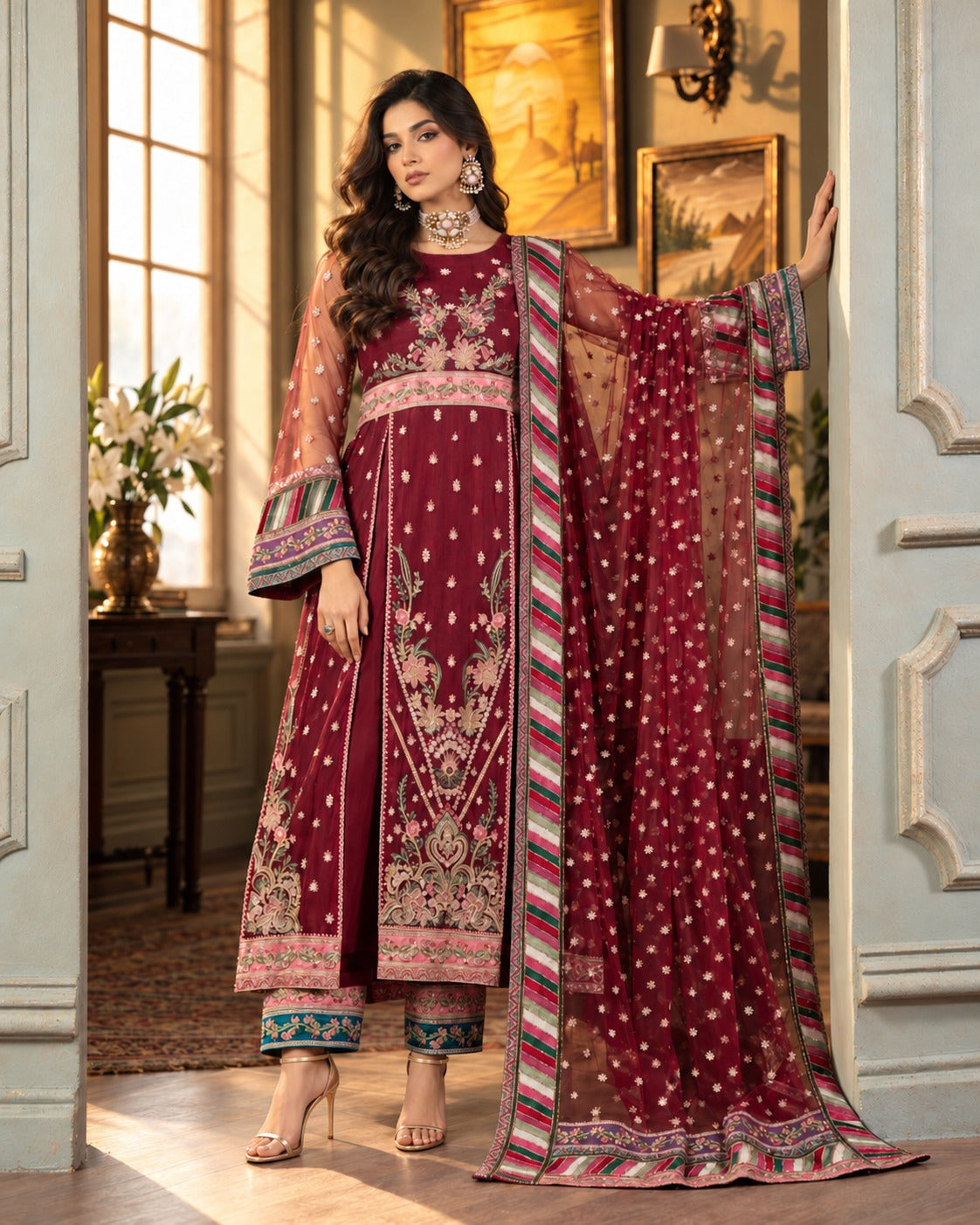 Burgundy Blush burgundy embroidered net formal three piece, front view