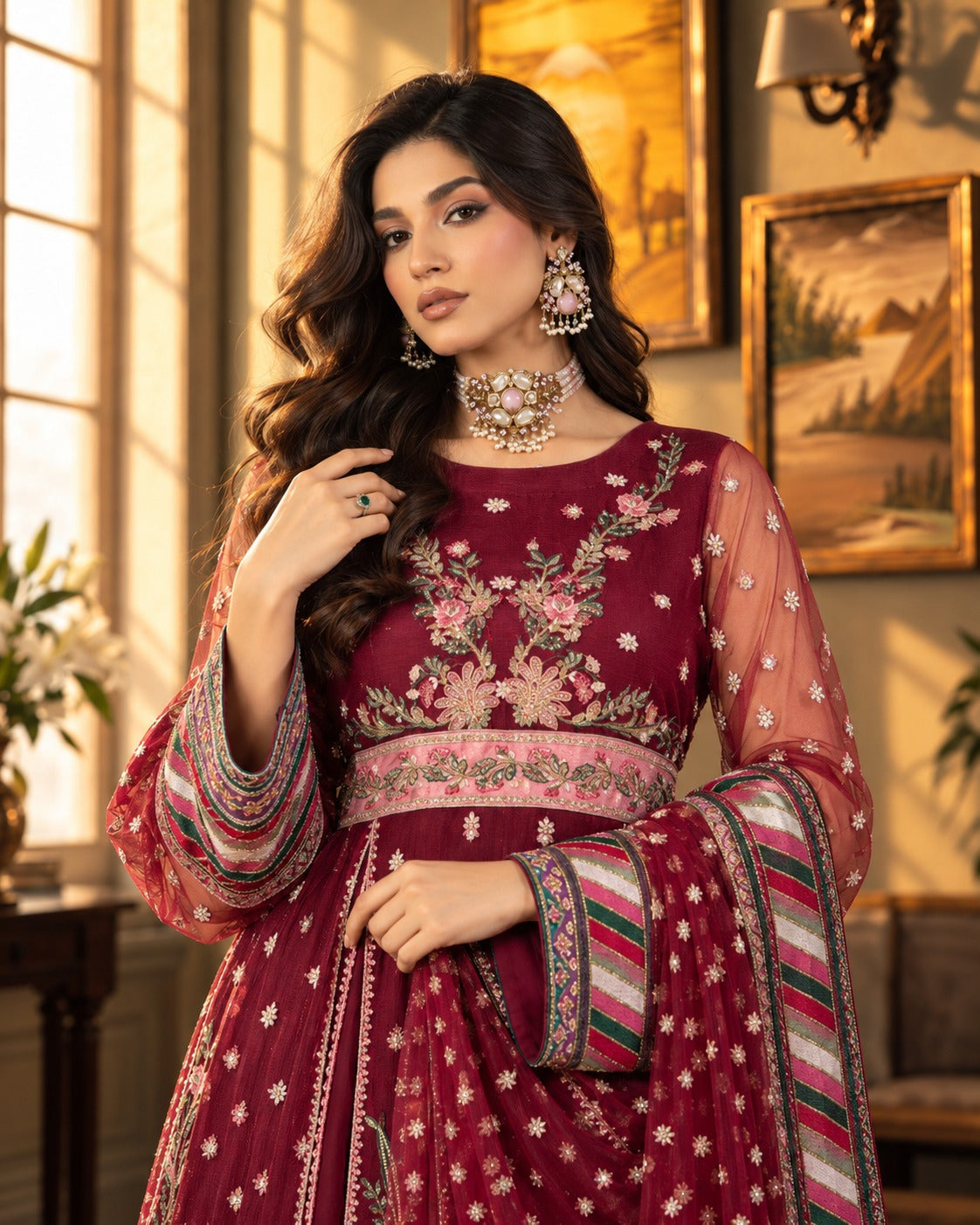 Burgundy Blush multicolour border and floral embroidery detail