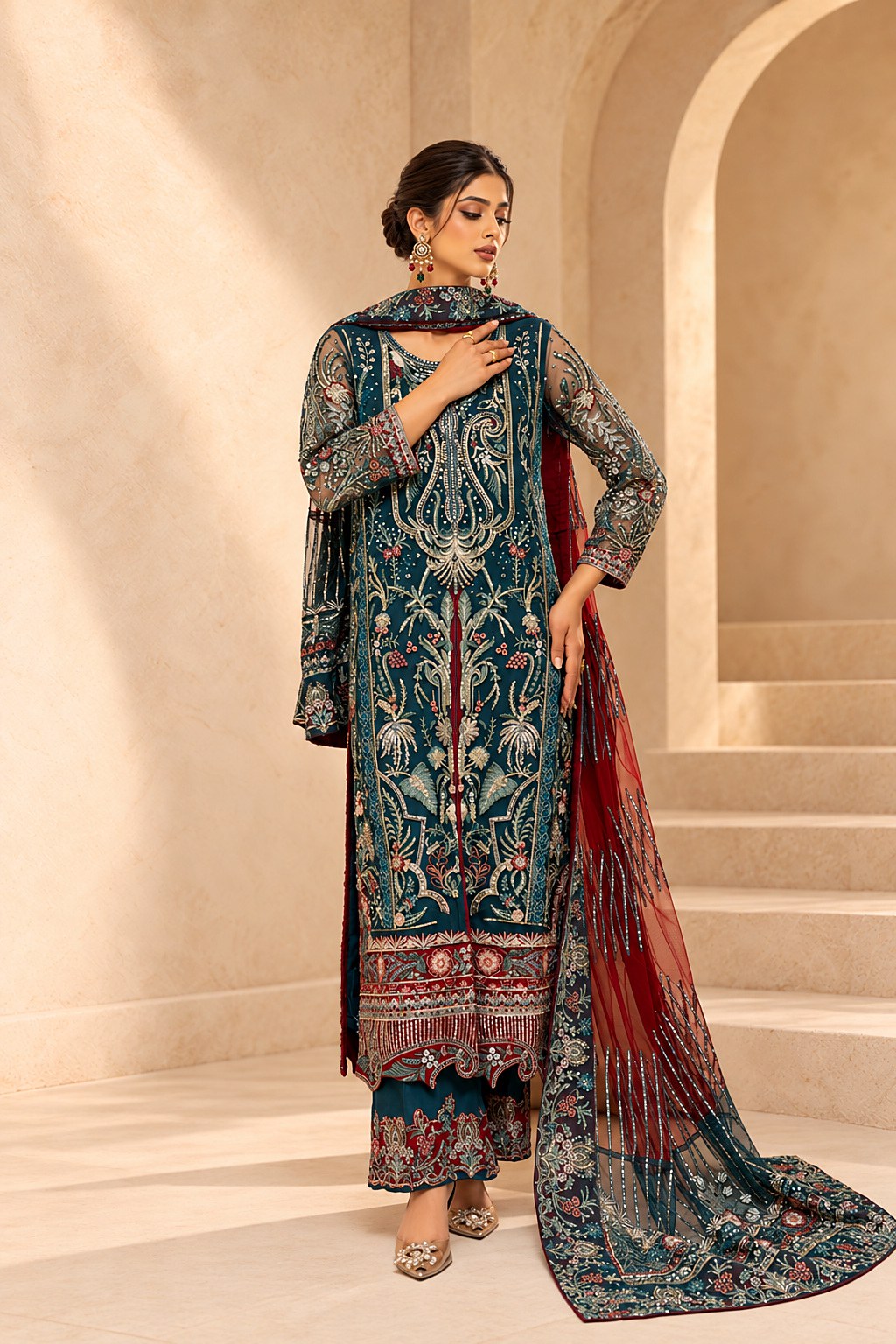 Teal Twilight teal embroidered net formal, side view with maroon dupatta