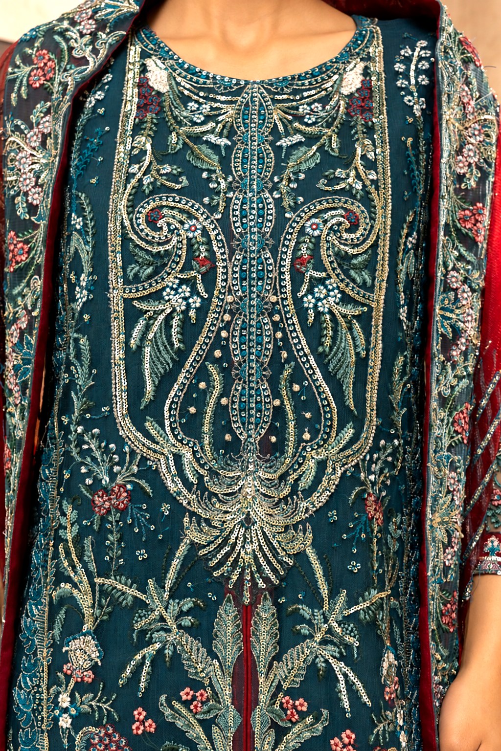 Teal Twilight centre front panel, sequin and zari embroidery close up