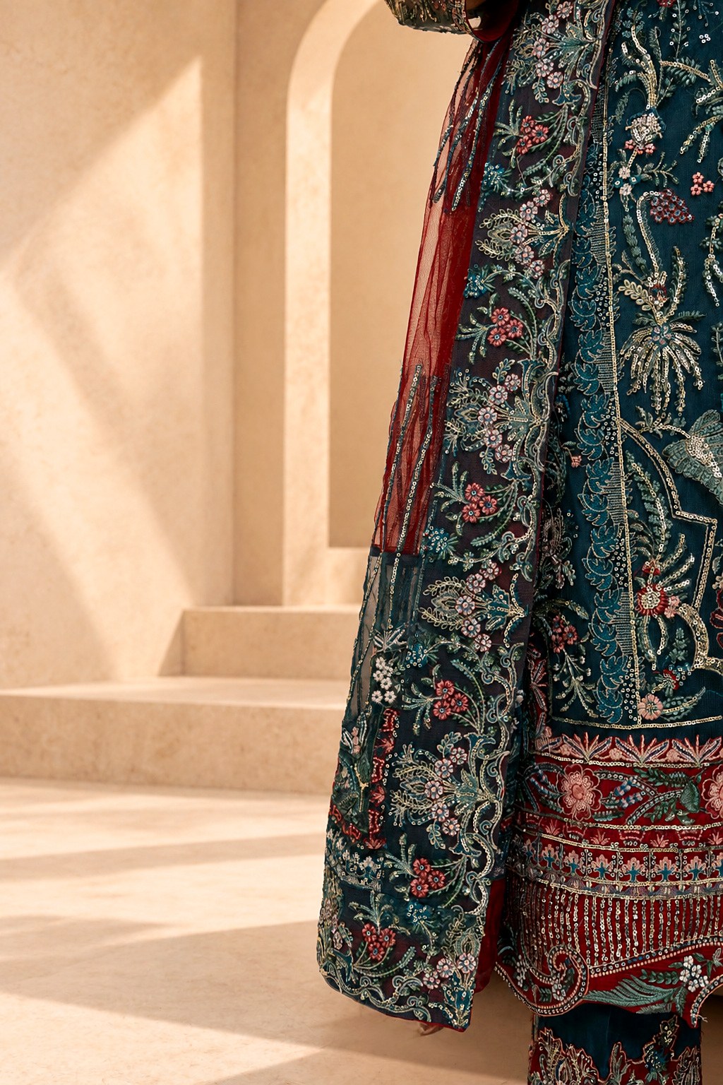Teal Twilight maroon net dupatta with sequin streaks and embroidered border