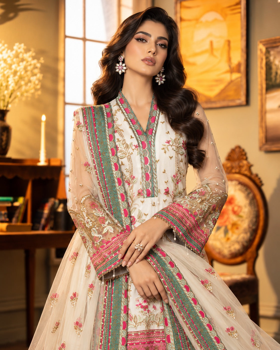 Ivory Illusion floral jaal embroidery detail in rose and sea green