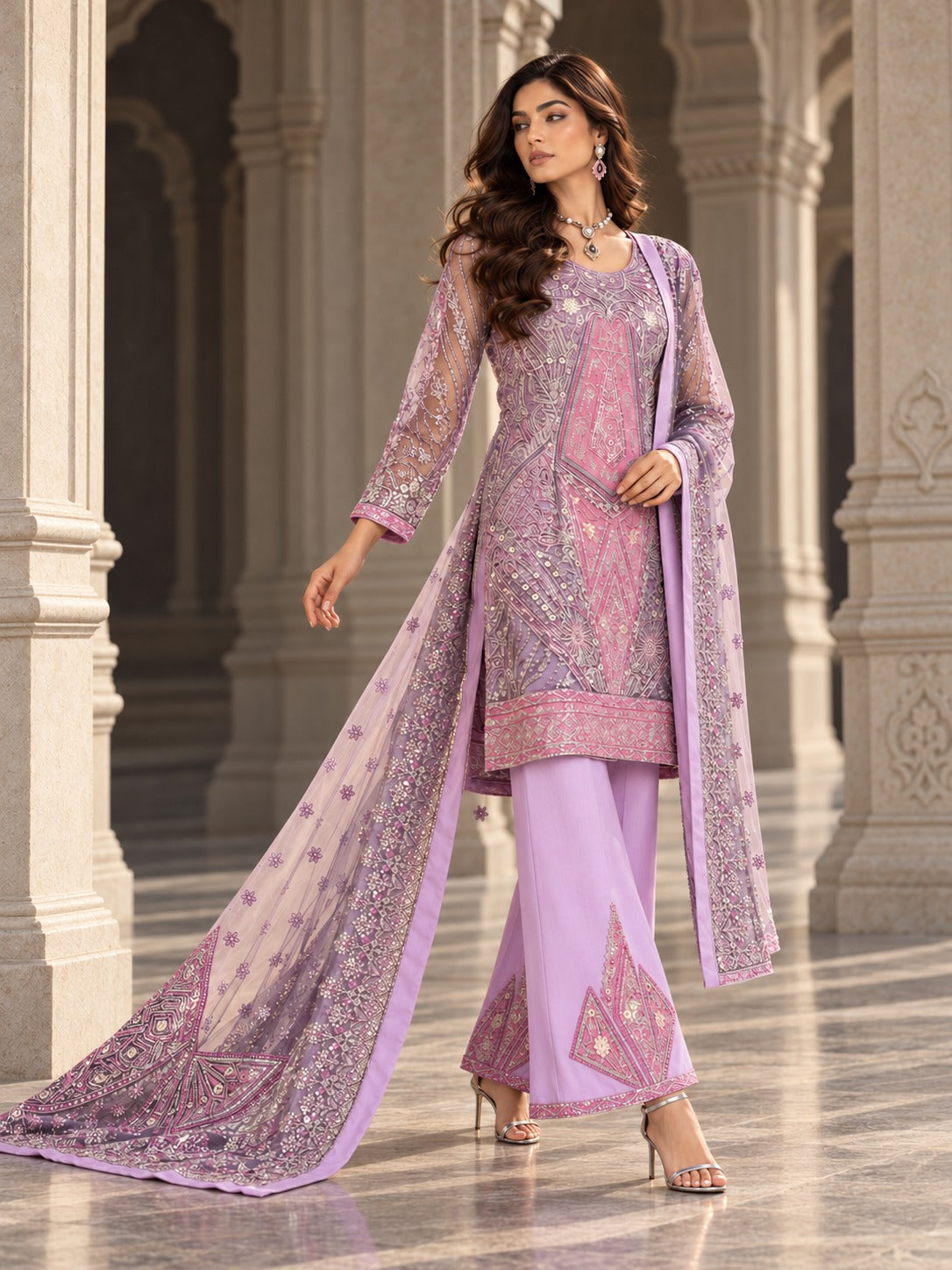 Lilac Love in movement, showing the dupatta fall