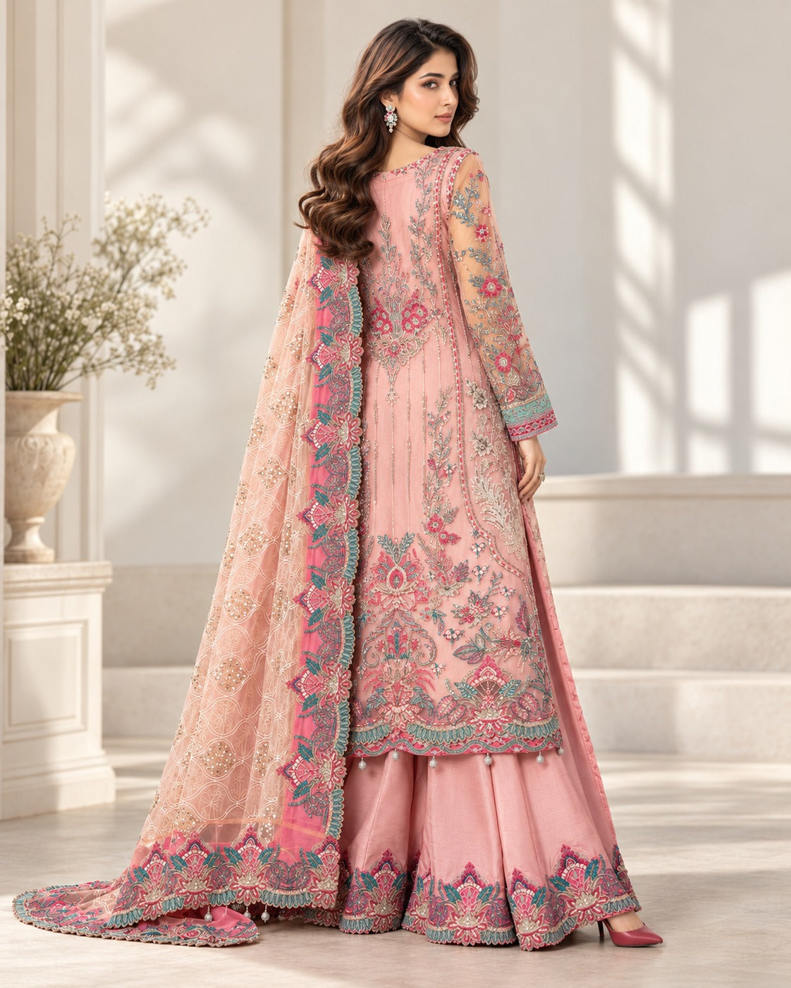 Pink Peony back view with sequinned peach net dupatta