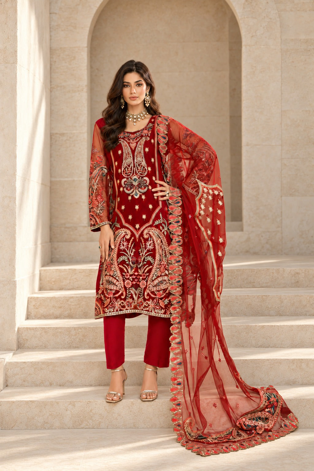 Red Rapture deep red embroidered net formal three piece, front view