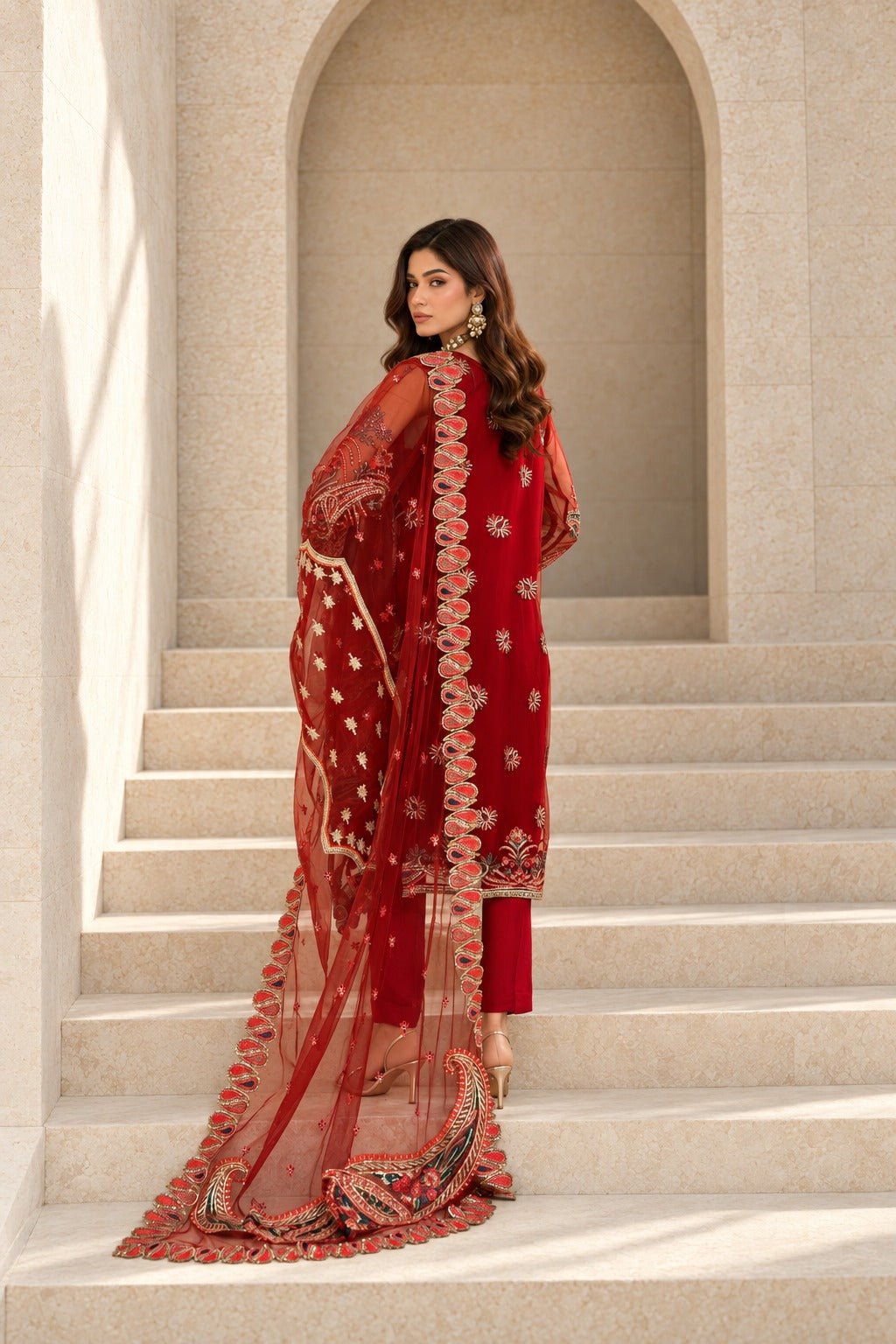 Red Rapture back view with embroidered net dupatta