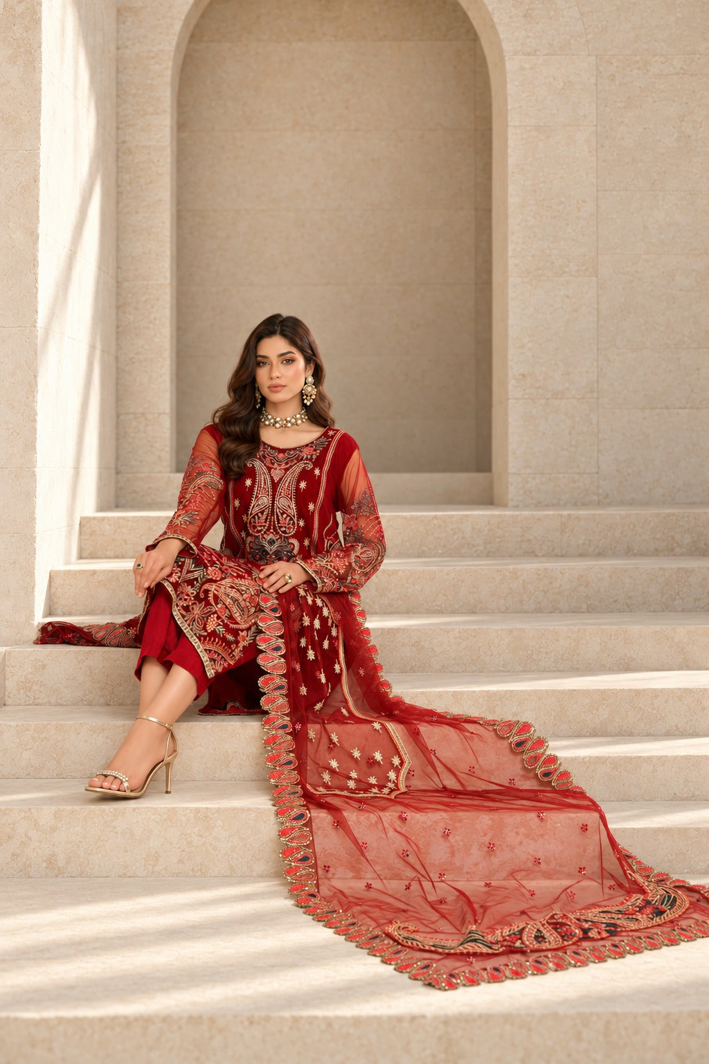 Red Rapture seated, showing the scalloped dupatta border