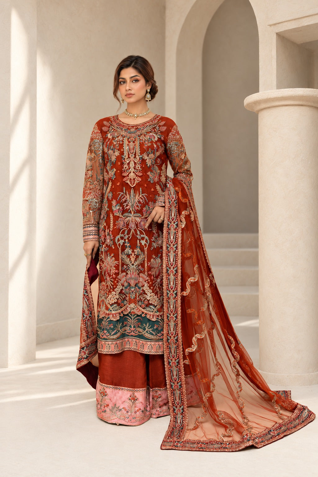 Saffron Royale rust embroidered net formal three piece, front view