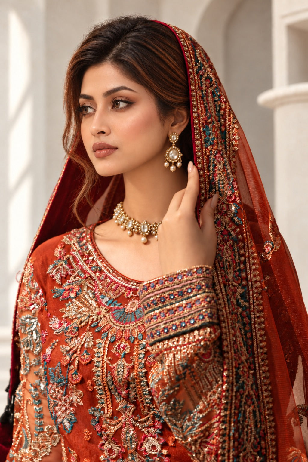 Saffron Royale portrait with dupatta draped over the head