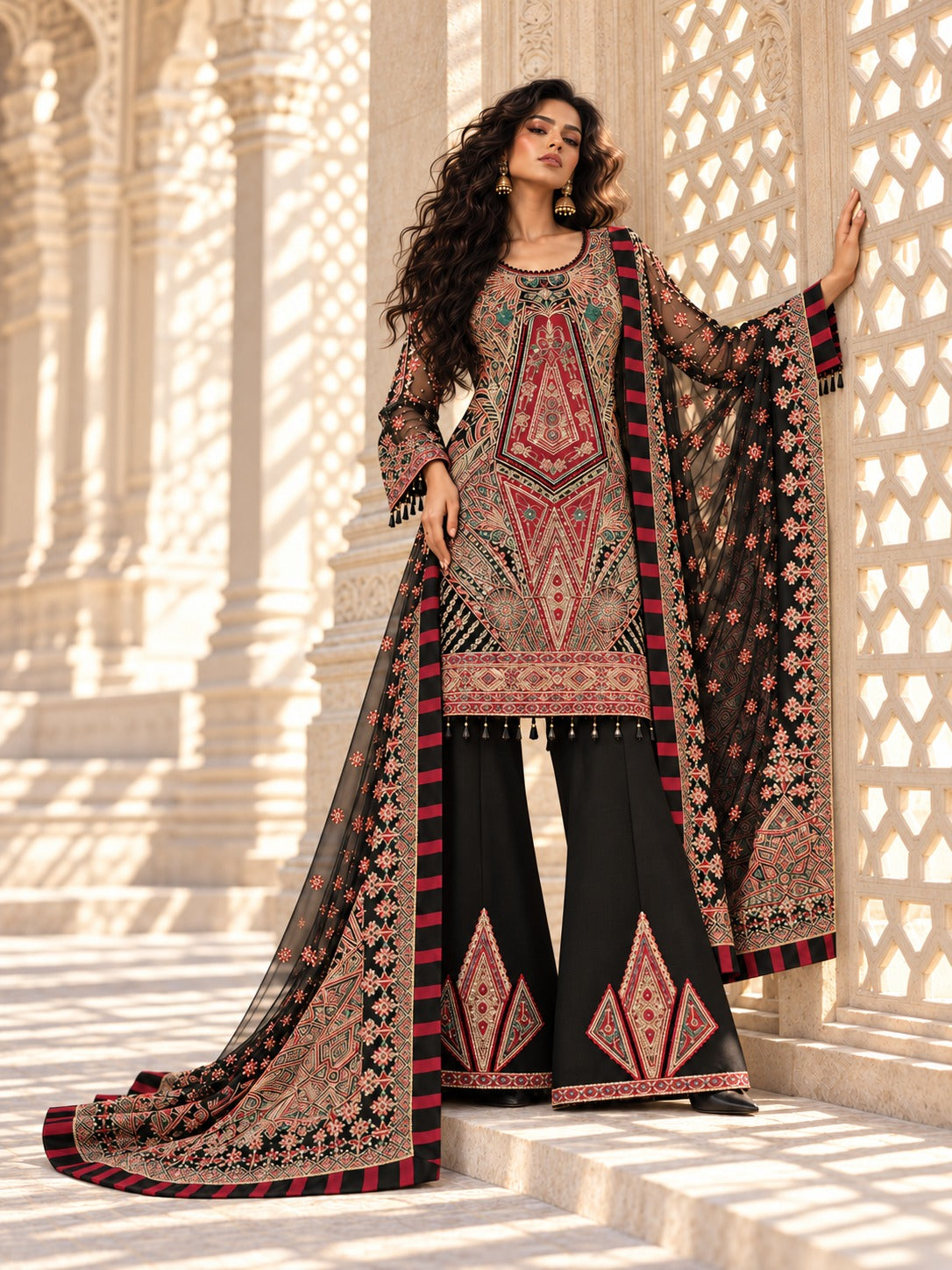 Black Onyx black embroidered net formal three piece, front view