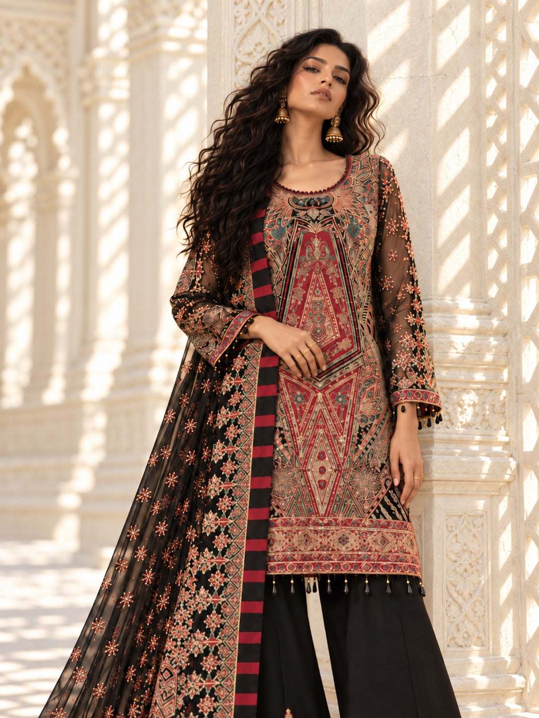 Black Onyx embroidered net shirt and dupatta, side view