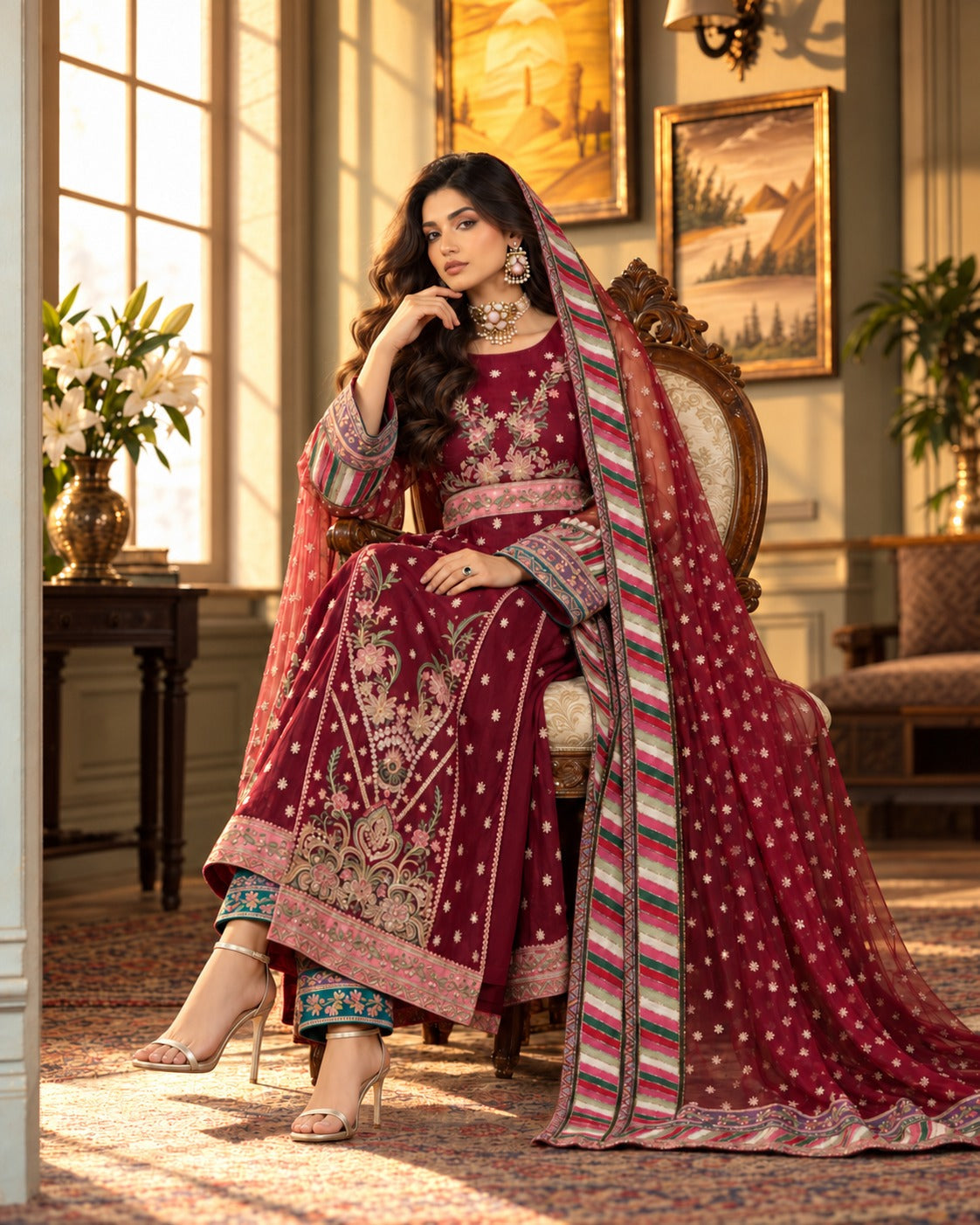 Burgundy Blush seated, showing the embroidered hem and trouser