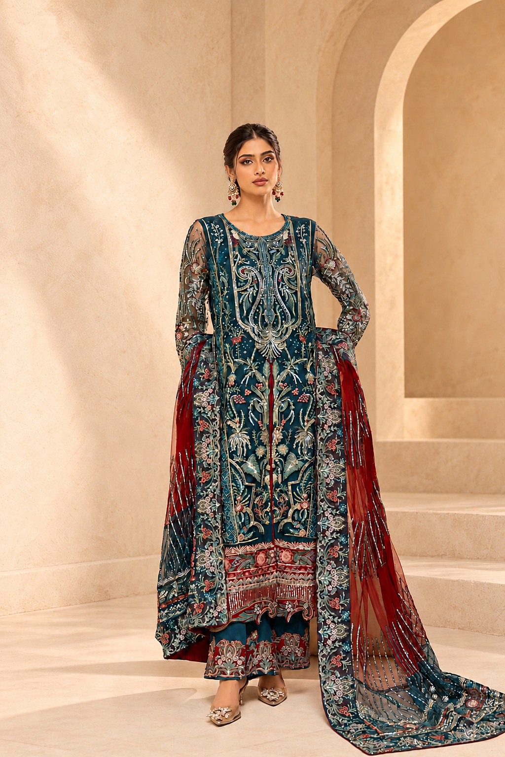 Teal Twilight teal embroidered net formal three piece, front view