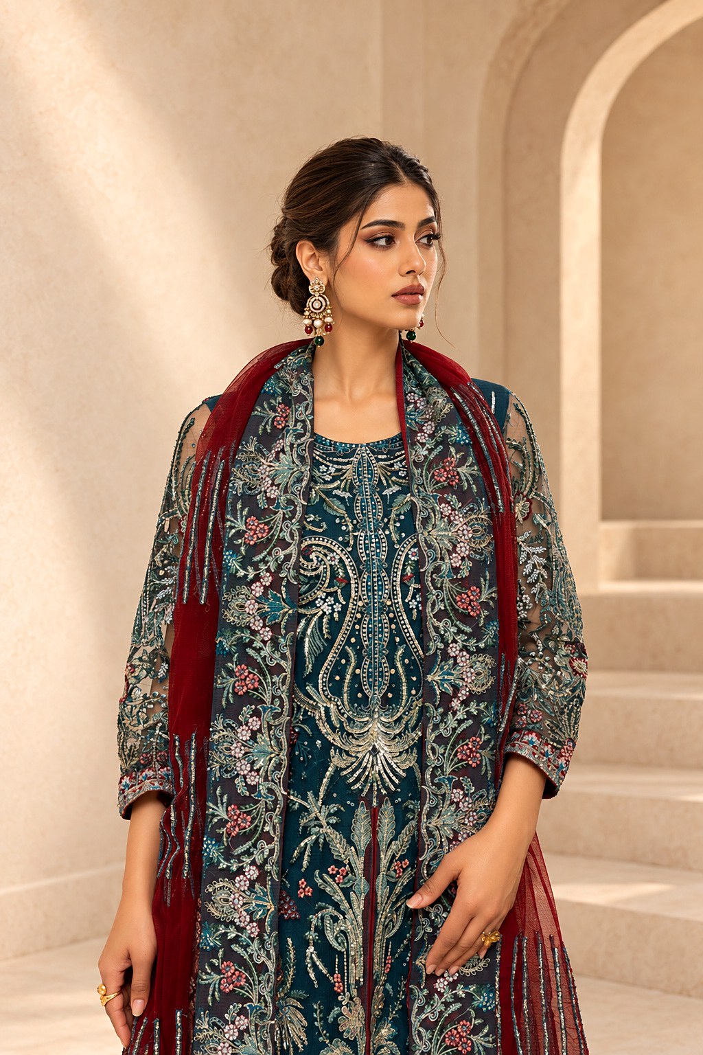 Teal Twilight neckline and sleeve embroidery detail on the model