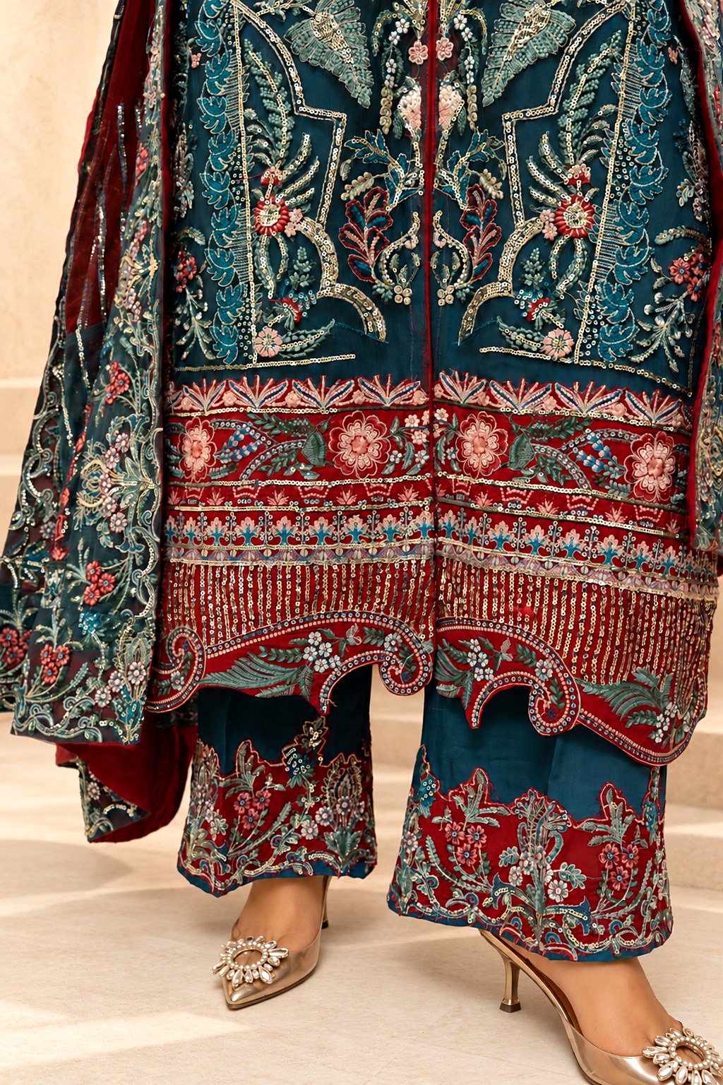 Teal Twilight maroon embroidered daman and trouser border close up