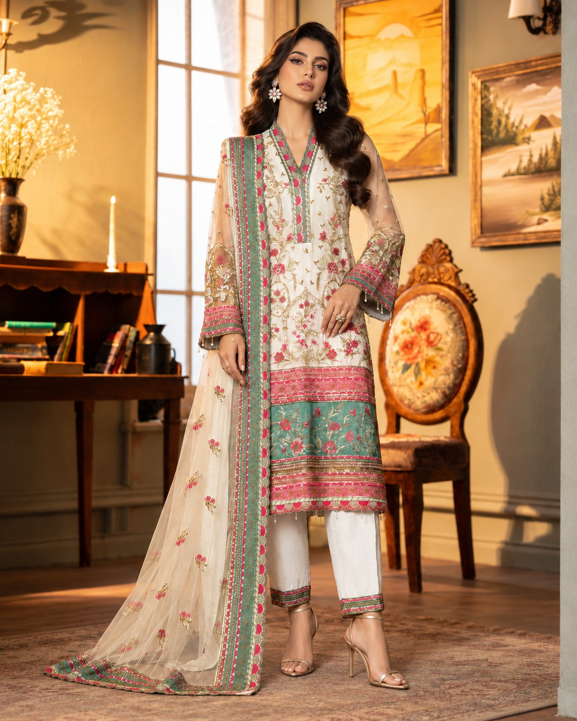 Ivory Illusion ivory embroidered net formal three piece, front view