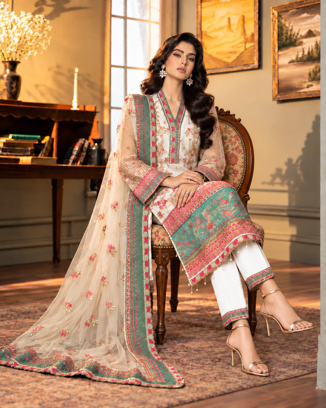 Ivory Illusion seated, showing the green and pink hem band