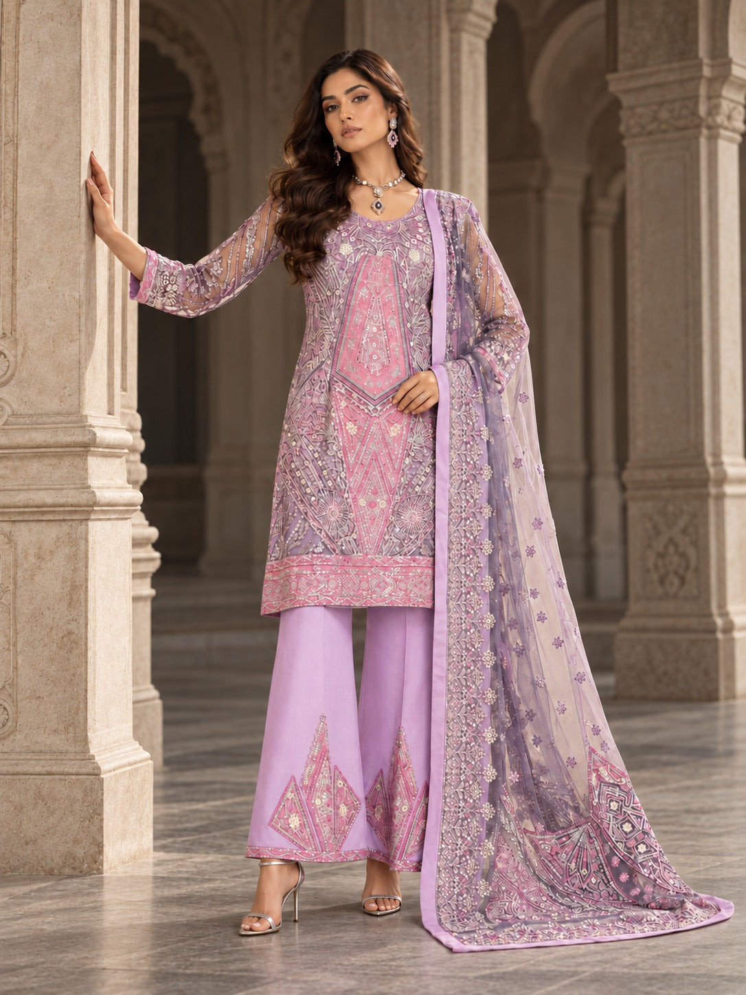 Lilac Love lilac embroidered net formal three piece, front view