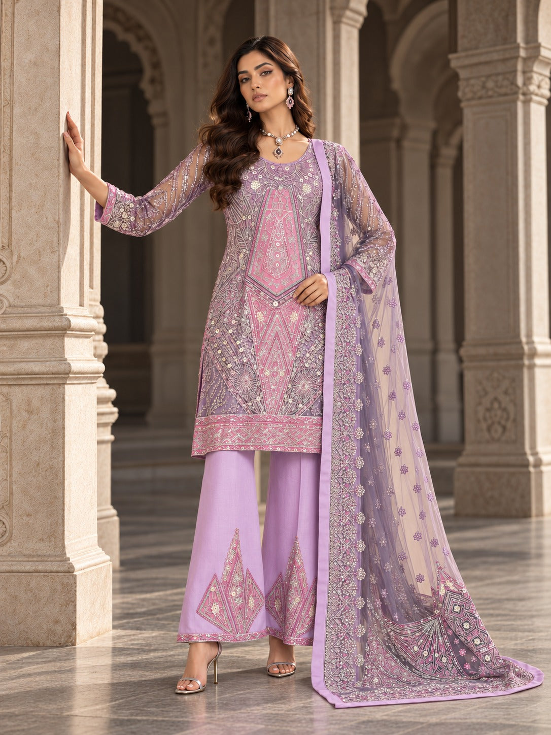 Lilac Love side view with embroidered trouser hem