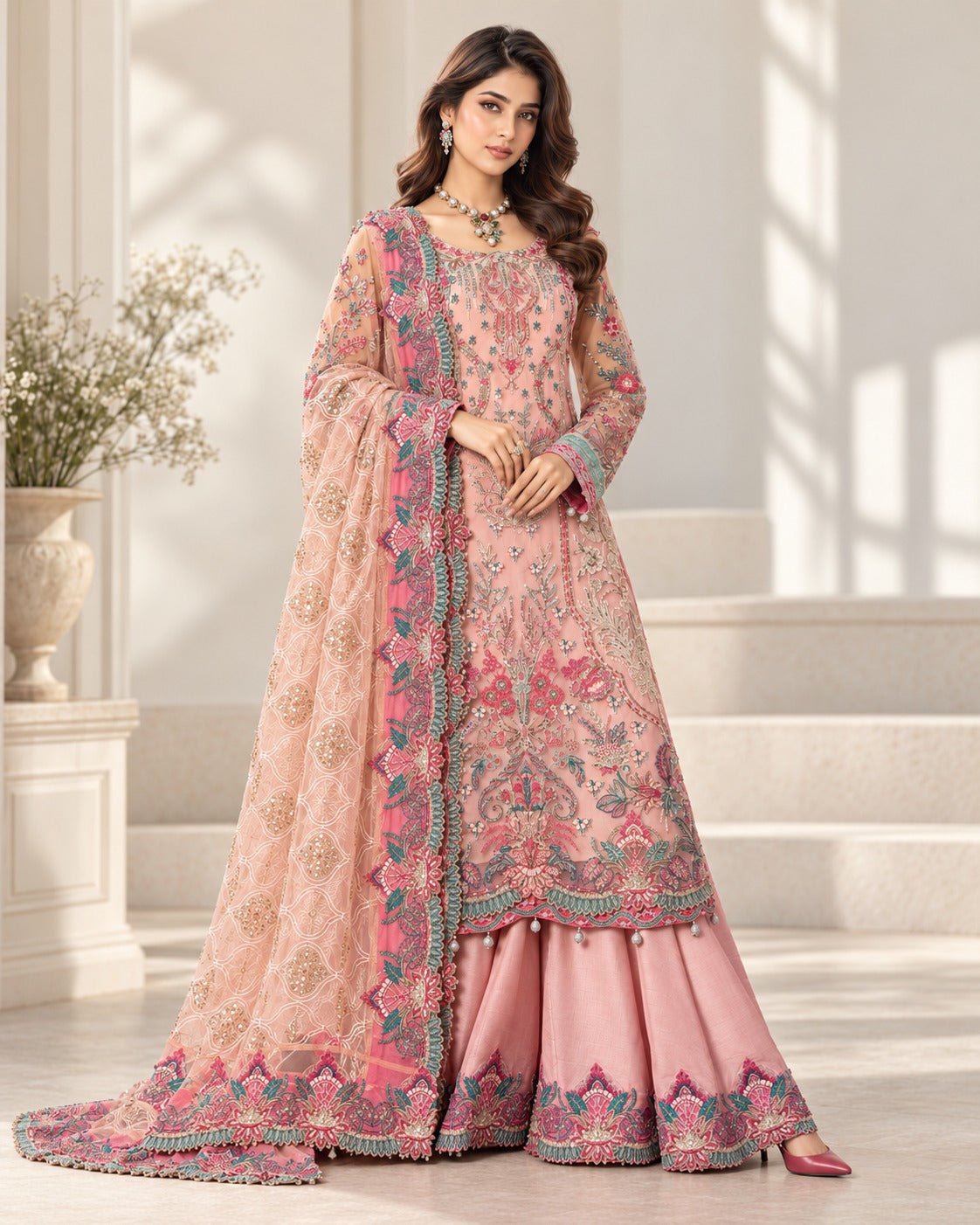 Pink Peony blush pink embroidered net formal three piece, front view