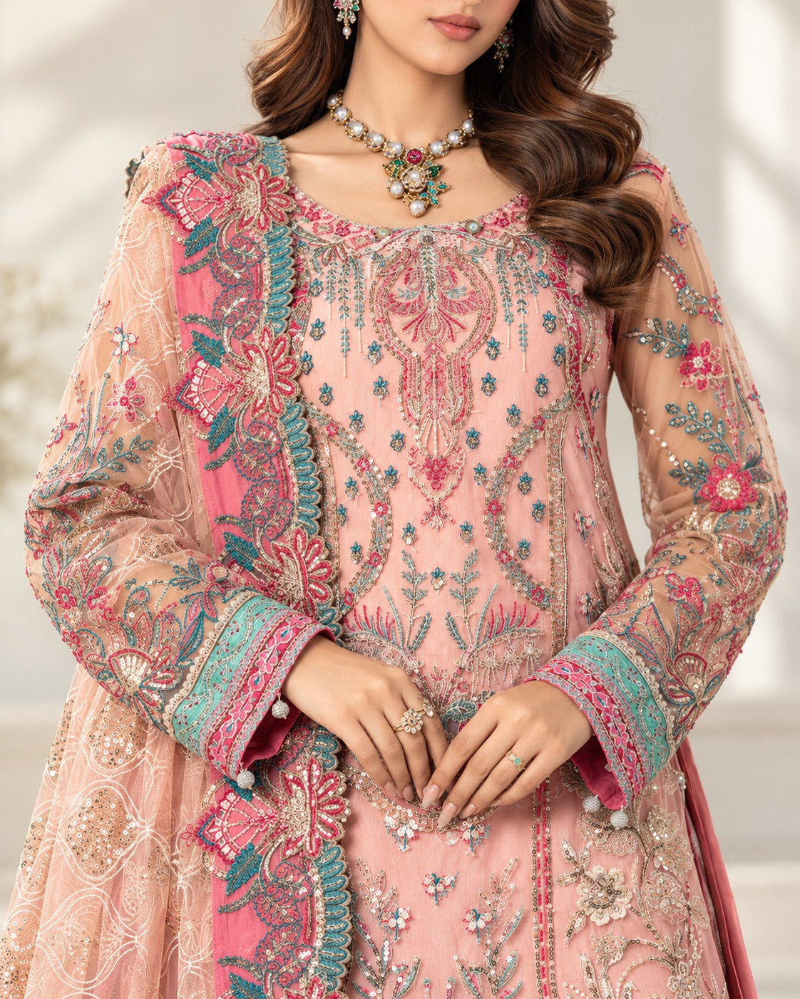 Pink Peony neckline embroidery close up in rose, teal and gold