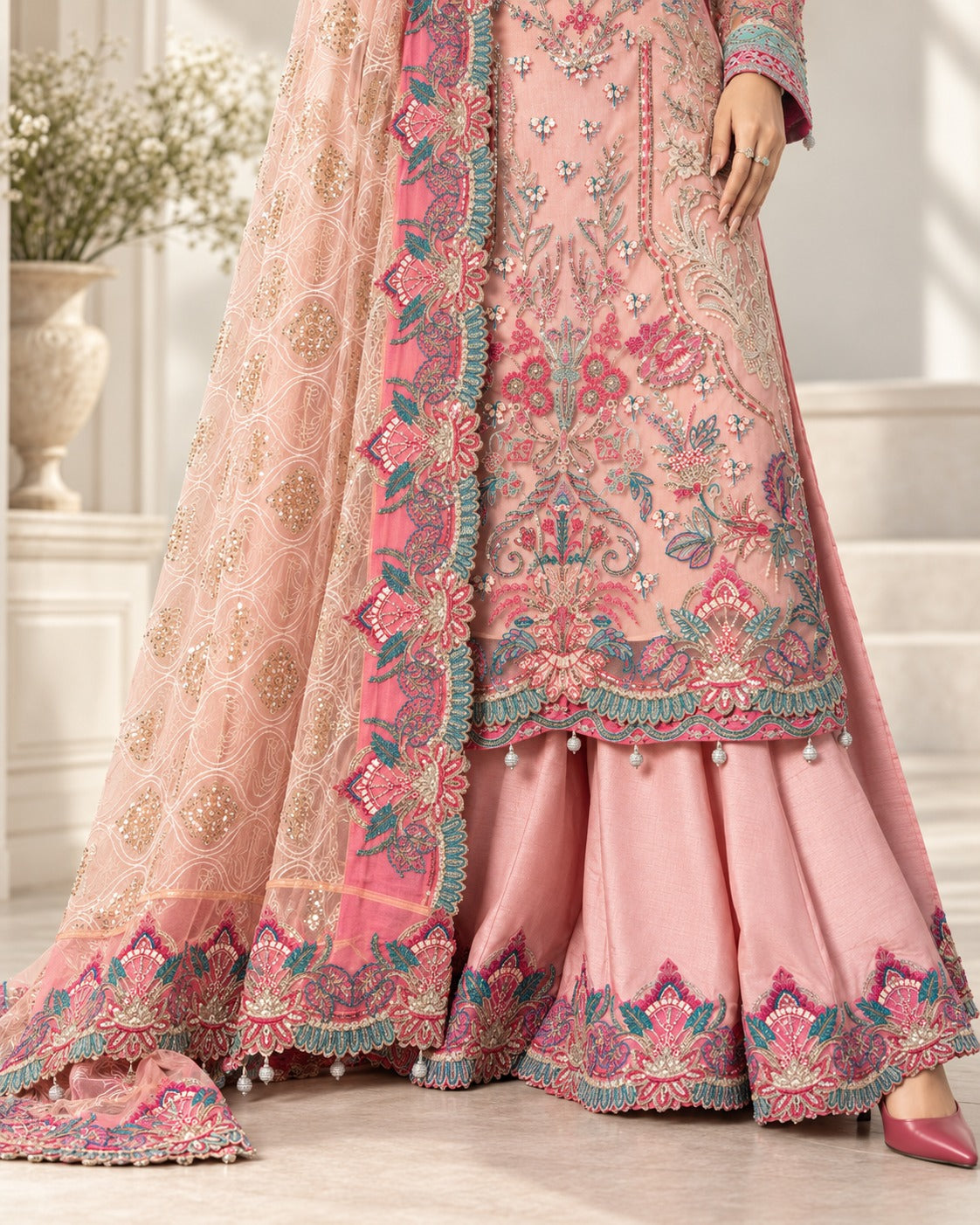 Pink Peony sharara hem embroidery close up