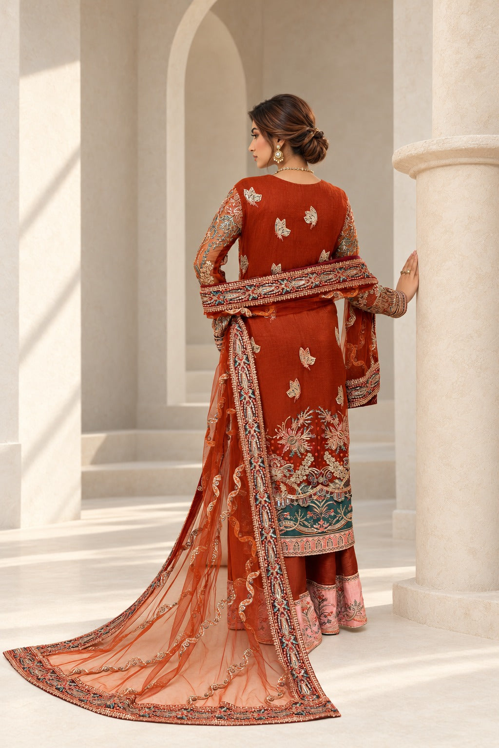 Saffron Royale back view with rust net dupatta and peach panel