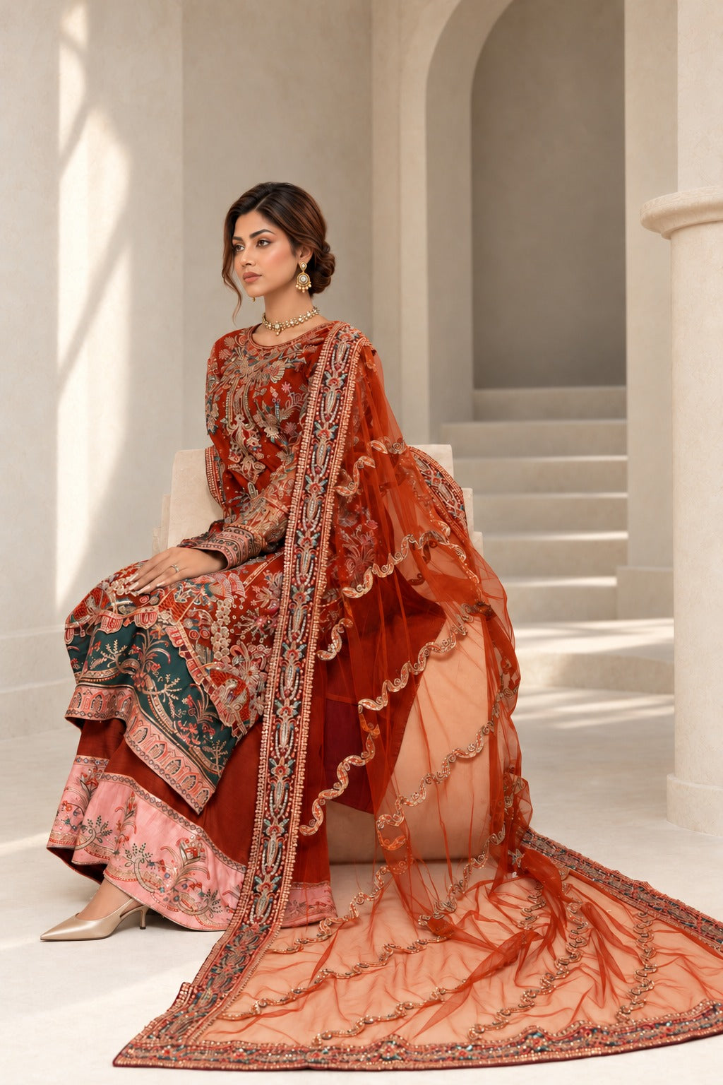 Saffron Royale seated, showing the embroidered hem and trouser band
