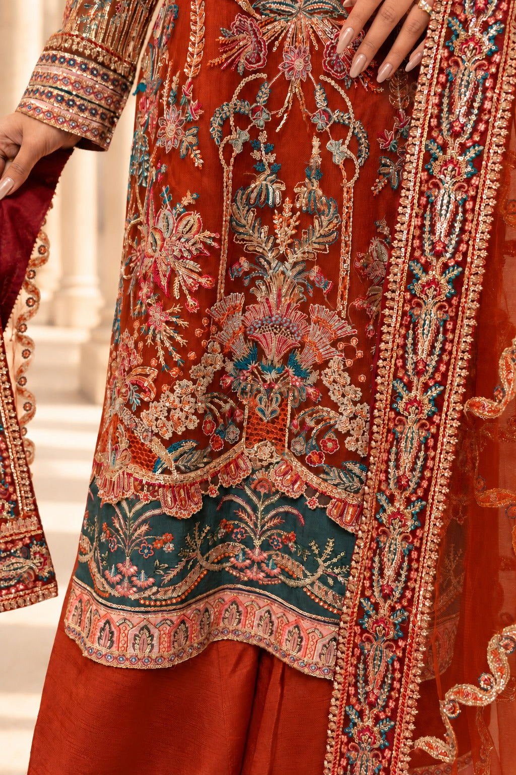 Saffron Royale hem and dupatta border embroidery close up